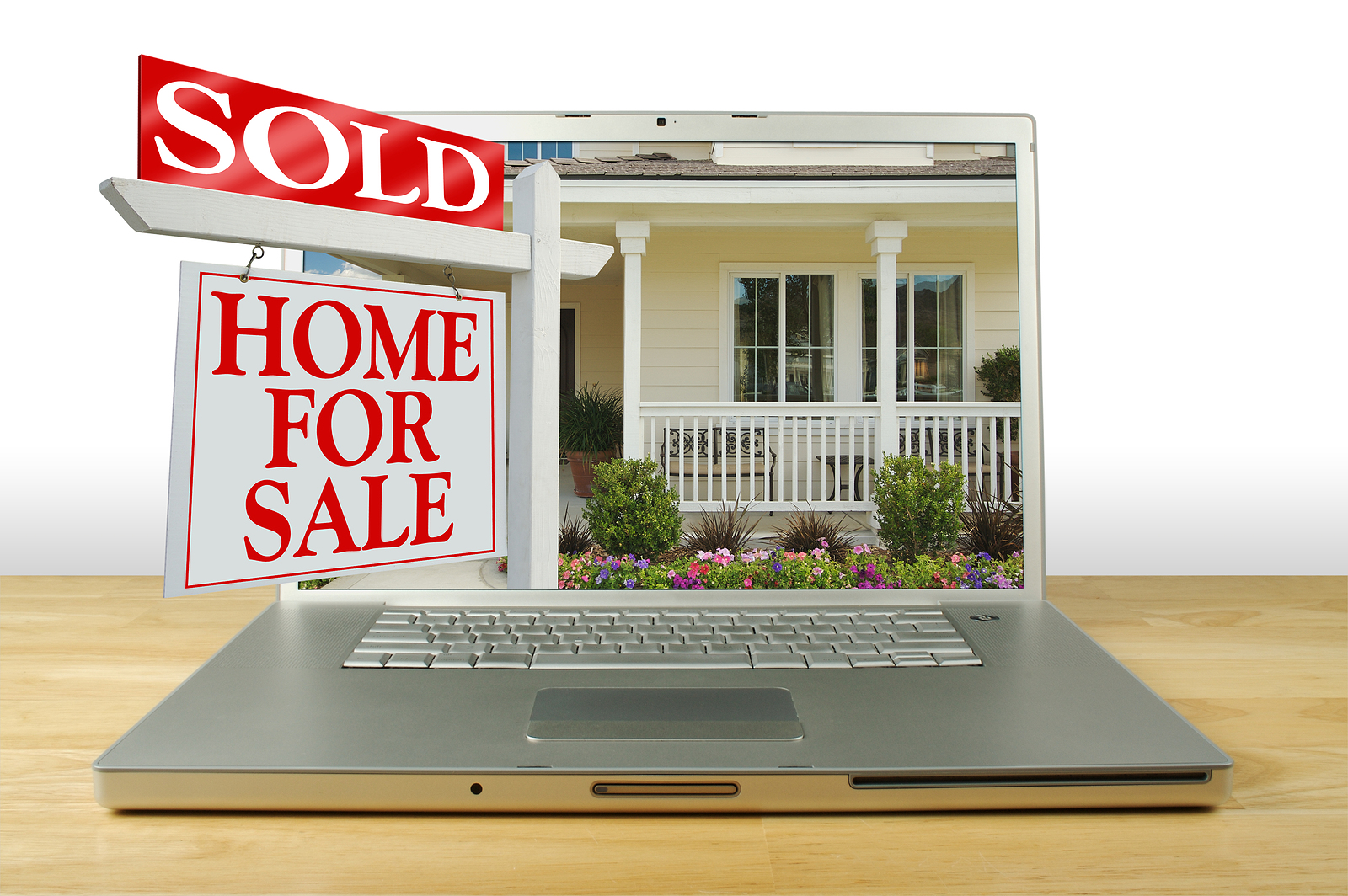Sold Home for Sale Sign, New Home on Laptop. See my theme variations.
