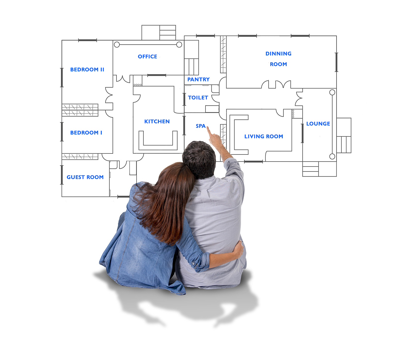 Young attractive couple in love happy together planning and pointing blueprints floor plan and design of new house home flat or apartment in real state concept